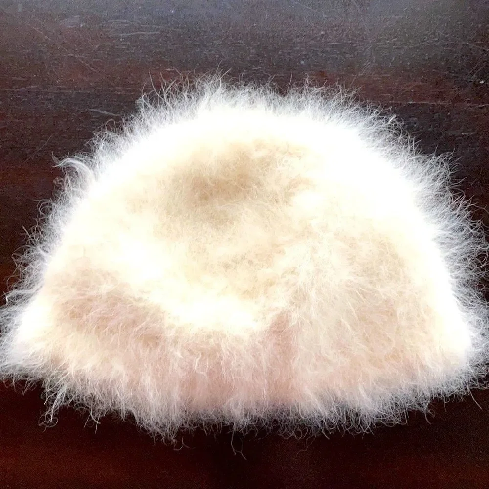 HAND CRAFTED New Fur Ivory White Cream Tone Nuetral Hand Knit Cruelty Free Hat